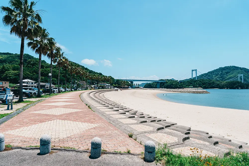 駐車場の目の前に広がる白い砂浜と美しい海